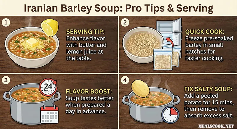 Tips for serving and adding ingredients to barley soup: