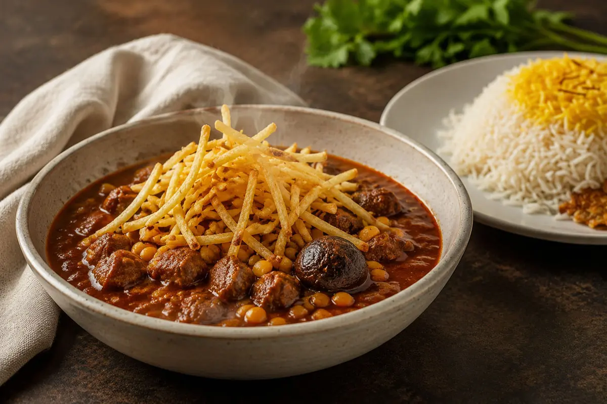 Authentic Khoresh Gheymeh Sibzamini topped with crispy fried potatoes and served with saffron Persian rice