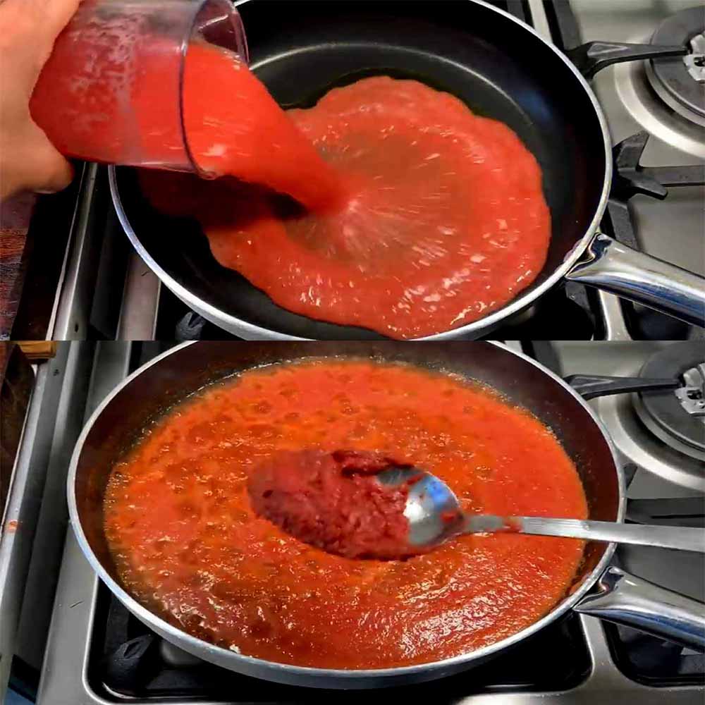 Frying tomato paste with meat to enhance color and remove raw taste