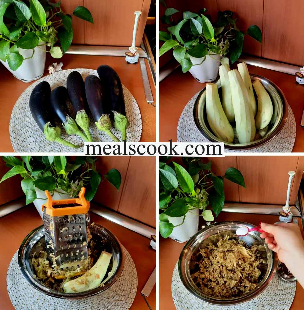 After the eggplants are ready, mash them together with garlic and onion
