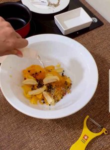 pour vinegar and olive oil into the pot and put