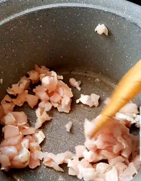 Fry the chicken pieces well with butter