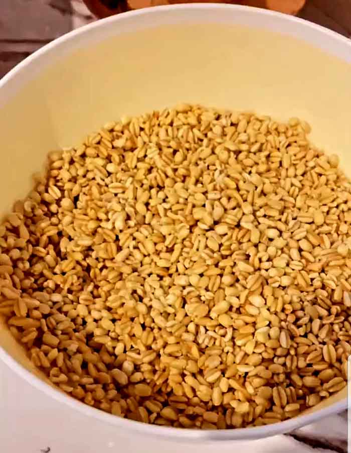 Soaking peeled wheat in a bowl of water overnight for homemade Haleem