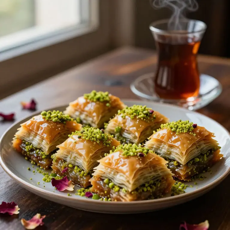 Close-up of a plate of diamond-shaped Persian Baklava topped with crushed pistachios and dried rose petals, served with a cup of tea