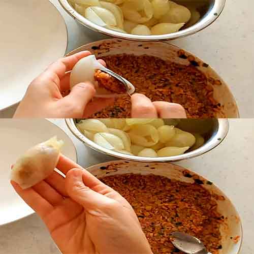 Putting the inner ingredients of the dolmeh piaz inside the onion