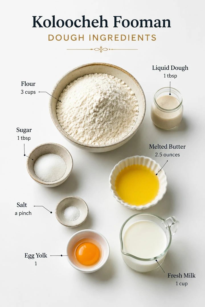 Ingredients infographic for Persian Fuman cookie dough showing flour, sugar, milk, melted butter, egg yolk, salt, and liquid dough with exact measurements on a clean white background.