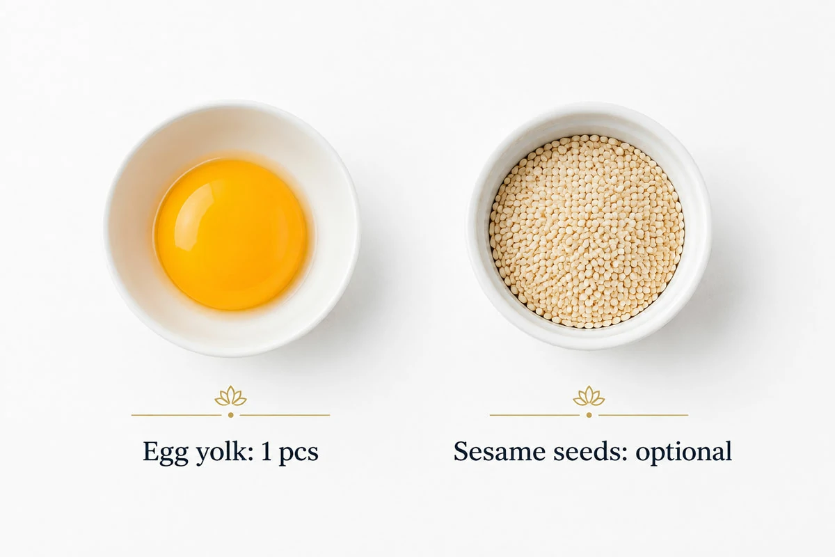 Clean white background ingredient infographic for Koloocheh Fuman coating showing 1 egg yolk and optional sesame seeds.