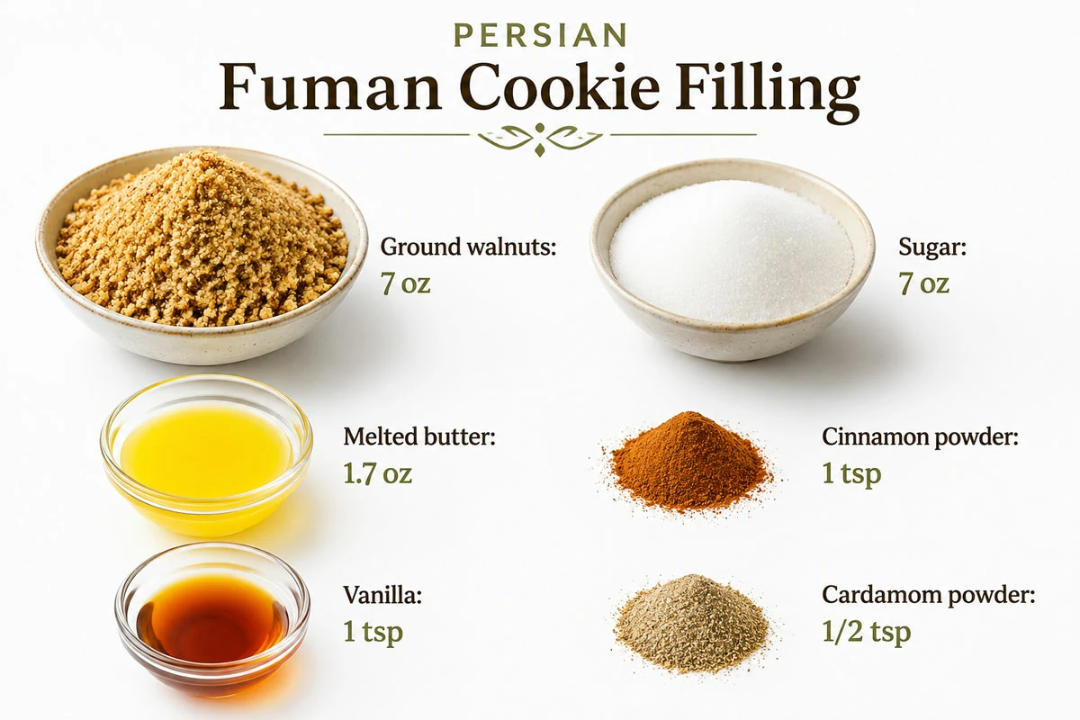 Clean white background ingredient infographic for Persian Fuman cookie filling showing ground walnuts, sugar, melted butter, cinnamon powder, vanilla, and cardamom powder with exact measurements.