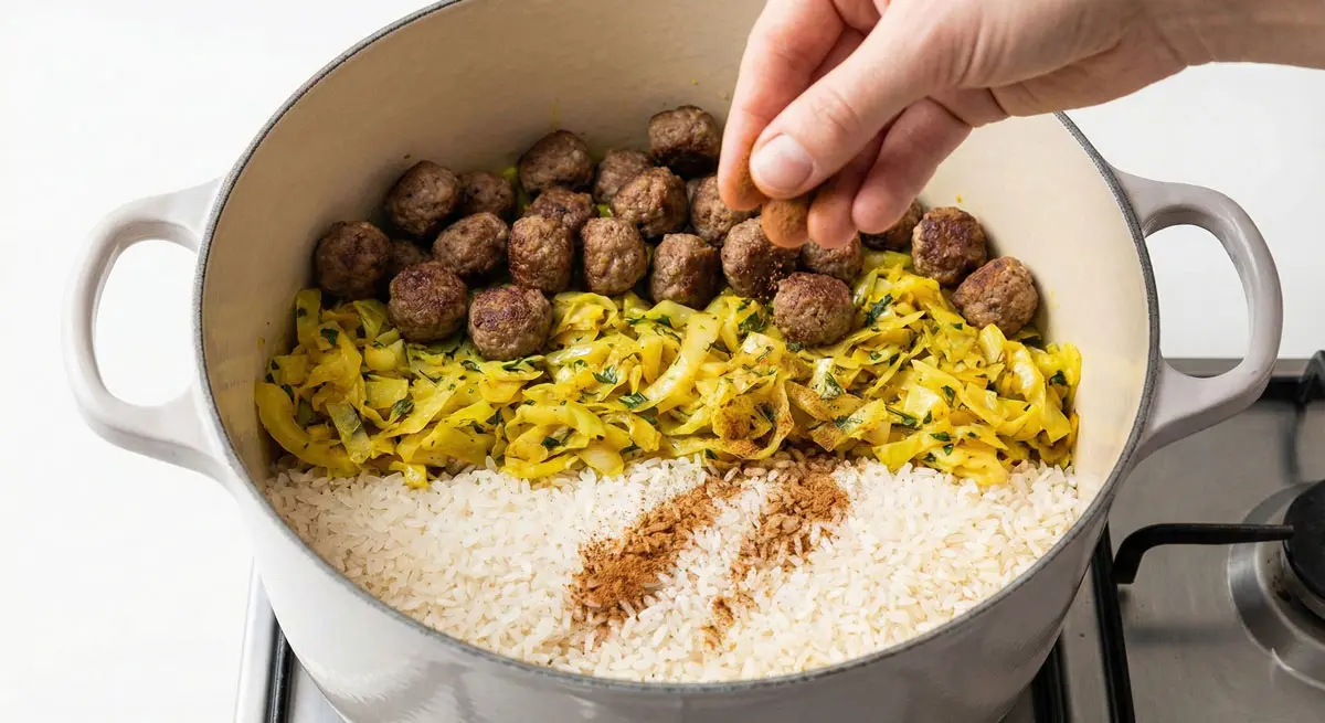 A large pot on a stovetop showing visible layers of parboiled rice, sautéed cabbage with herbs, and small cooked meatballs. A hand is sprinkling cinnamon powder over the top rice layer