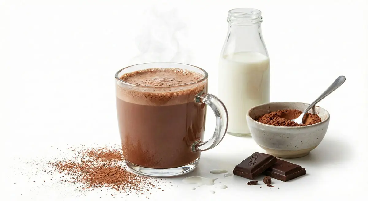 A mug of thick and creamy Persian Chocolate Milk (Shir Kakao) garnished with cocoa powder and cinnamon.