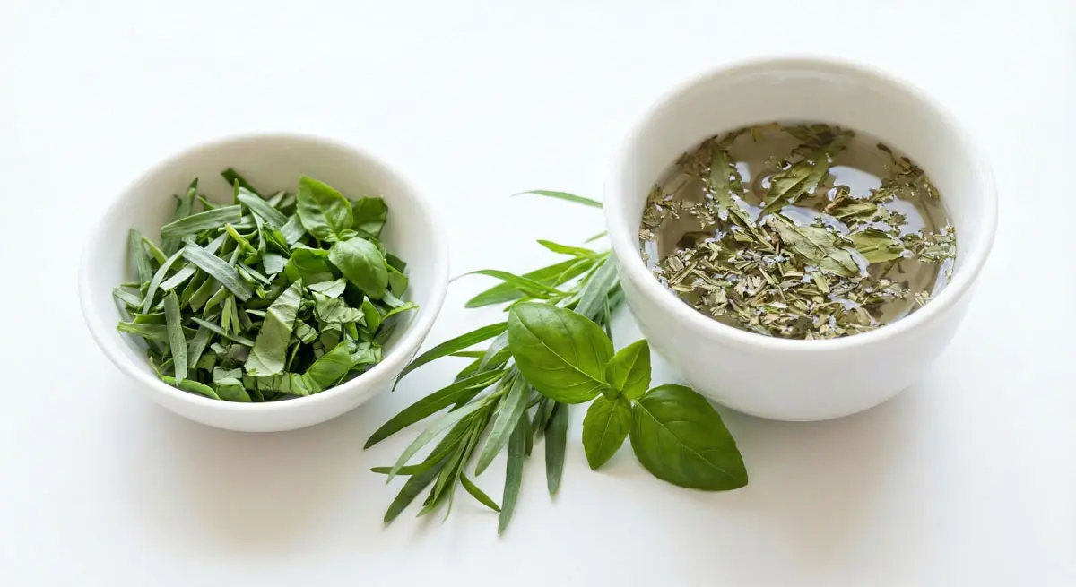 Two small white bowls on a white surface; one contains fresh chopped tarragon and basil, and the other contains dried herbs soaking in water. Fresh herb sprigs rest between the bowls