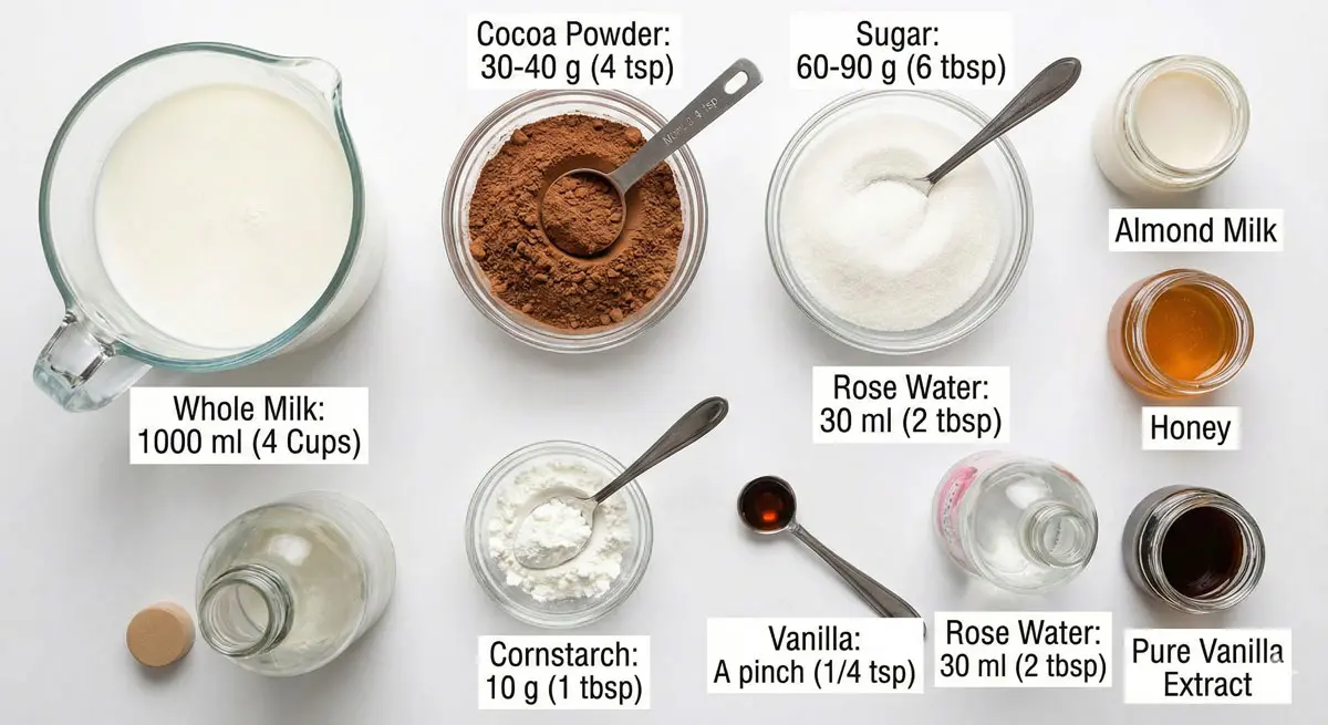 Ingredients for Shir Kakao recipe including cocoa powder, whole milk, cornstarch, and rose water.
