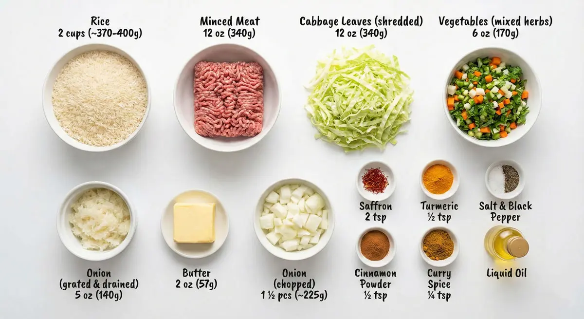Overhead view of various cooking ingredients neatly arranged in bowls and containers on a plain white background. Each item is accompanied by a text label in English specifying its name and precise measurement, including: Rice (2 cups, ~370-400g), Minced Meat (12 oz, 340g), Cabbage Leaves (shredded, 12 oz, 340g), Vegetables (mixed herbs, 6 oz, 170g), Onion (grated & drained, 5 oz, 140g), Butter (2 oz, 57g), Onion (chopped, 1 ½ pcs, ~225g), Saffron (2 tsp), Turmeric Powder (½ tsp), Cinnamon Powder (½ tsp), Curry Spice (¼ tsp), Salt & Black Pepper, and Liquid Oil.