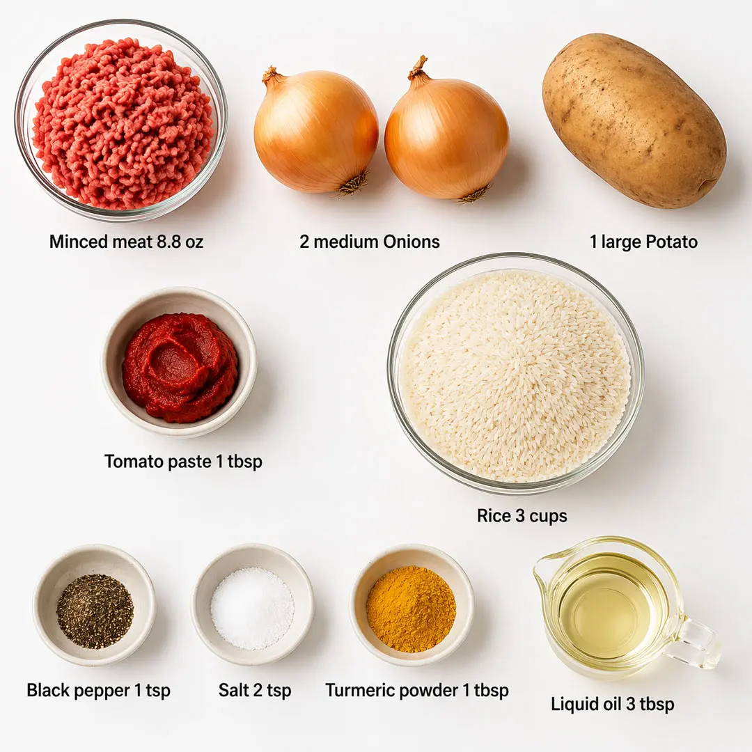 ingredients arranged on white background, including 8.8 oz minced meat, onions, potato, rice, tomato paste, and spices for cooking a meal.