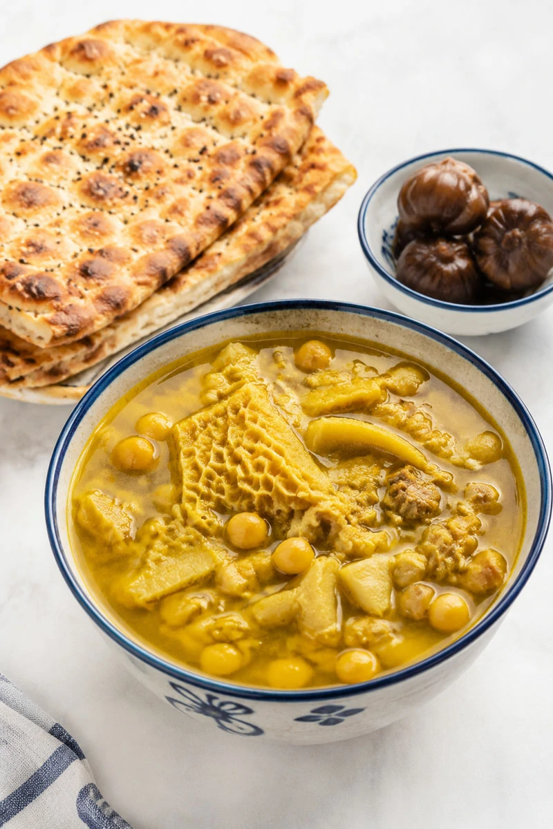 Authentic Persian Sirabi soup (tripe soup) served with Sangak bread and pickled garlic on a clean white background, realistic final dish photography, Mealscook style.