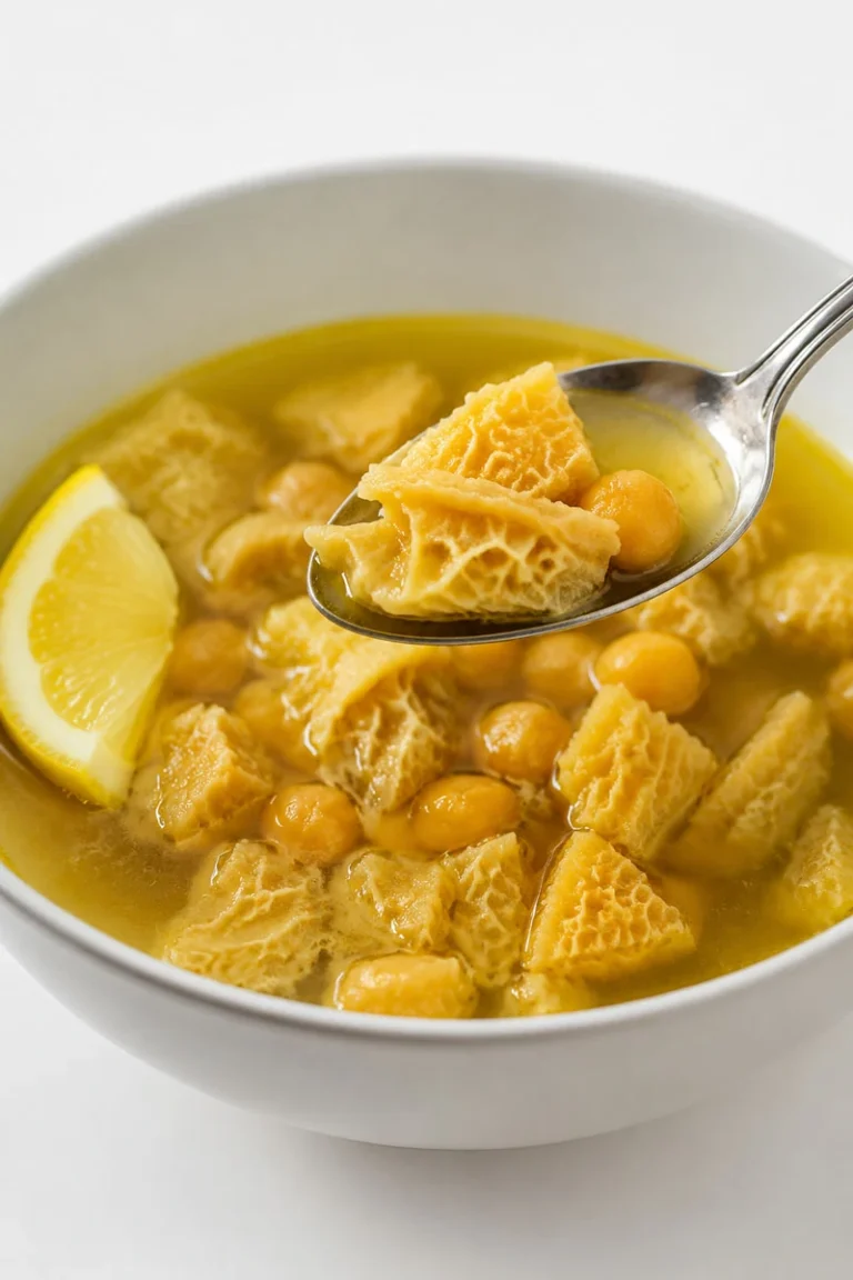 Close-up of a premium bowl of Persian Sirabi soup with tender tripe and chickpeas, served with fresh lemon on a clean white background, high-resolution featured image for Mealscook.