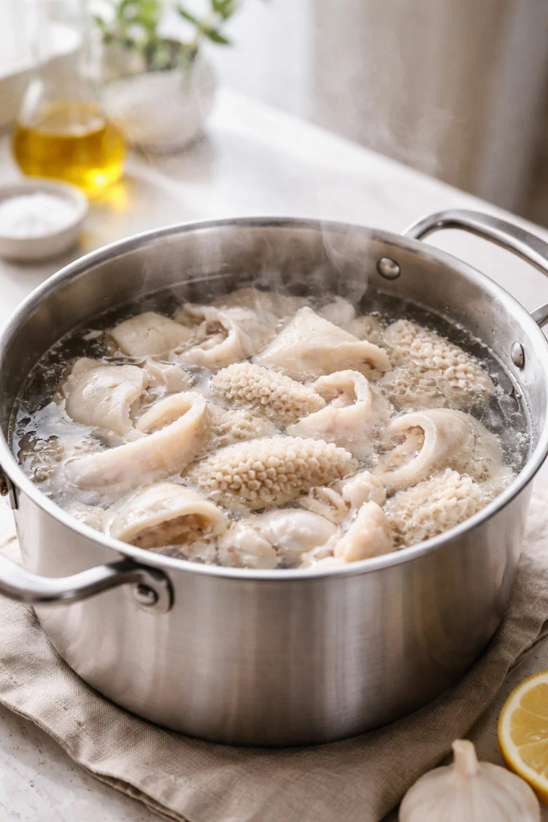 Cleaning and boiling fresh white sheep tripe in a pot of water, initial cooking step for Persian tripe soup, professional food photography, Mealscook style.
