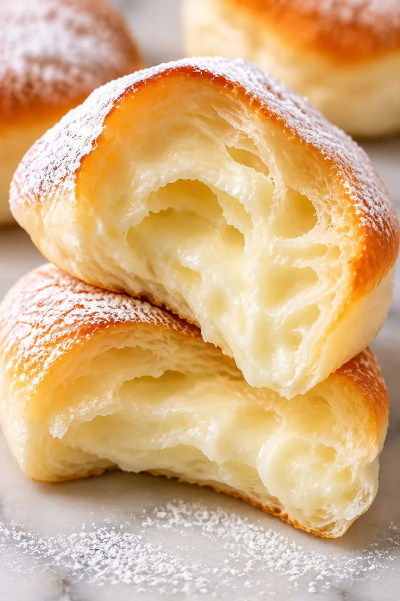 Close-up cross-section of a fresh Danish pastry, showing flaky buttery layers and soft cream filling, professional macro food photography