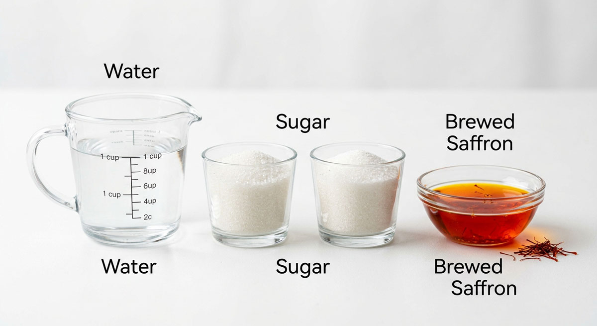 Essential ingredients for making saffron rock candy displayed on a clean white background: a glass measuring cup of water, two glasses of granulated white sugar, and a small bowl of concentrated brewed saffron with dried saffron threads.