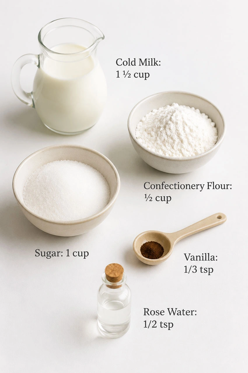 Labeled ingredients for Danish pastry cream on a white background, including milk, flour, sugar, and vanilla with measurements, professional recipe card style.