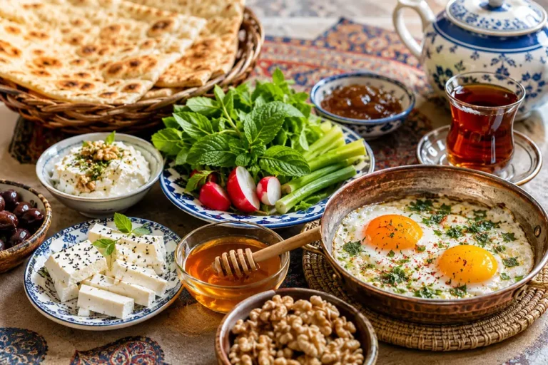 Traditional Iranian breakfast with eggs, cheese, olives, nuts, fresh herbs and bread