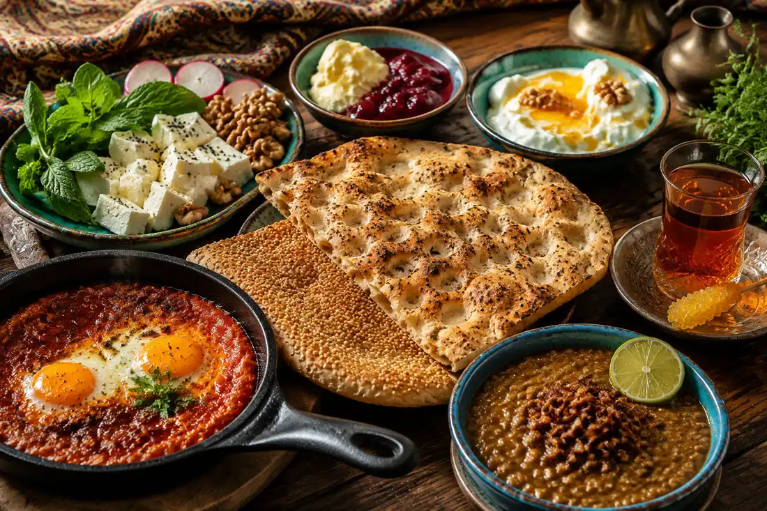 Traditional Iranian breakfast table with sangak and barbari bread, Lighvan cheese, walnuts, fresh herbs, honey, jam, tomato omelette and Persian tea