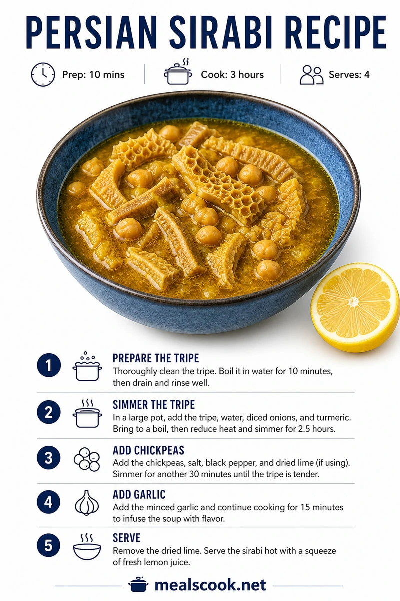 Comprehensive infographic of Persian Sirabi recipe featuring a bowl of tripe soup with chickpeas, including step-by-step cooking instructions, ingredients, and preparation time for Mealscook.
