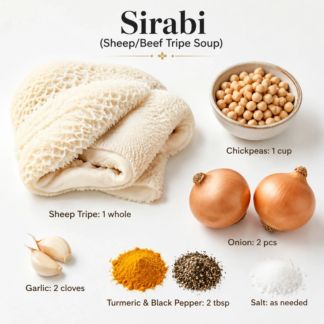 Labeled ingredients for Persian Tripe Soup (Sirabi): cleaned beef tripe, chickpeas, onions, garlic, and turmeric on a white background, professional recipe infographic for Mealscook.