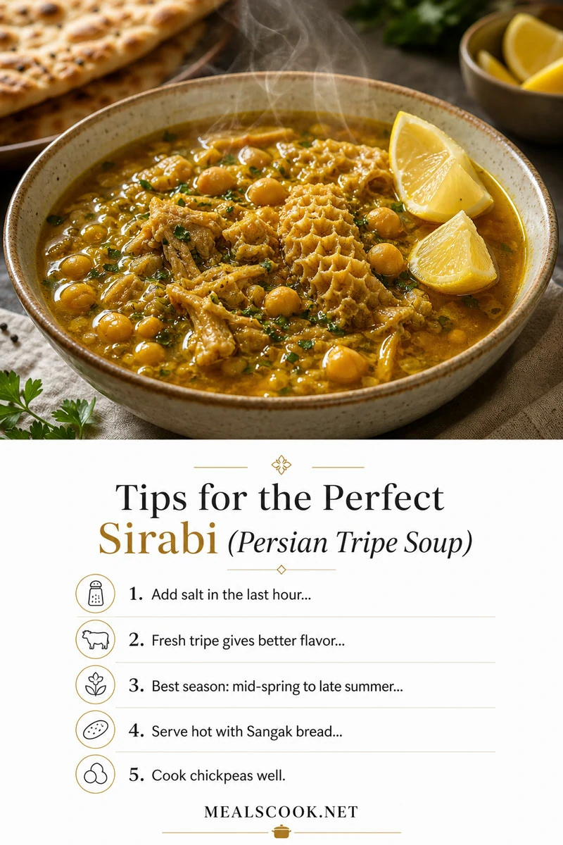 White-background infographic with serving tips for Persian Sirabi (tripe soup), featuring a realistic bowl of tripe soup with chickpeas and clear text guidance for cooking, serving, and seasoning, Mealscook style