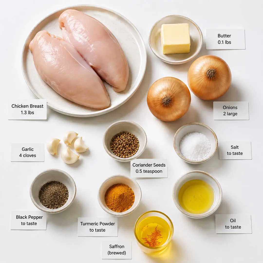 Raw chicken breast, butter, onions, garlic, saffron, and spices with English labels on white background
