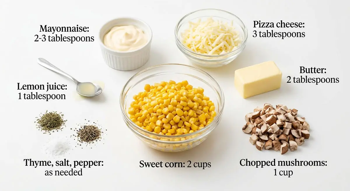 A neatly arranged professional food photography shot on a white background showing ingredients for Mexican corn: a glass bowl of sweet corn, a pile of chopped mushrooms, a block of butter, a bowl of shredded mozzarella, a small ramekin of mayonnaise, fresh lemon juice, and small piles of dried thyme, salt, and black pepper, each with clear text labels indicating their names and quantities.