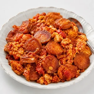 Traditional Sosis Tokhme Morgh with fried sausage and eggs in a nostalgic Persian style