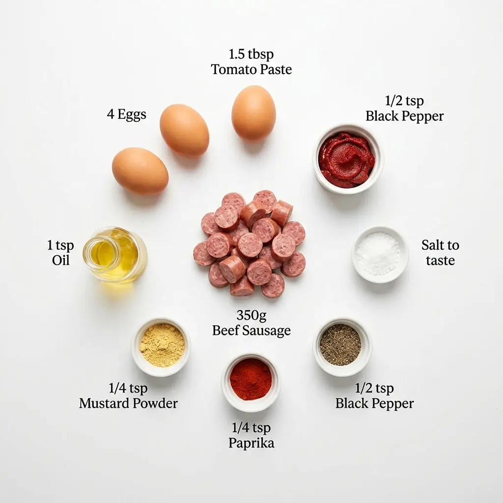 Ingredients for Sosis Tokhme Morgh including sausage, eggs, tomato paste, and spices on a white background"