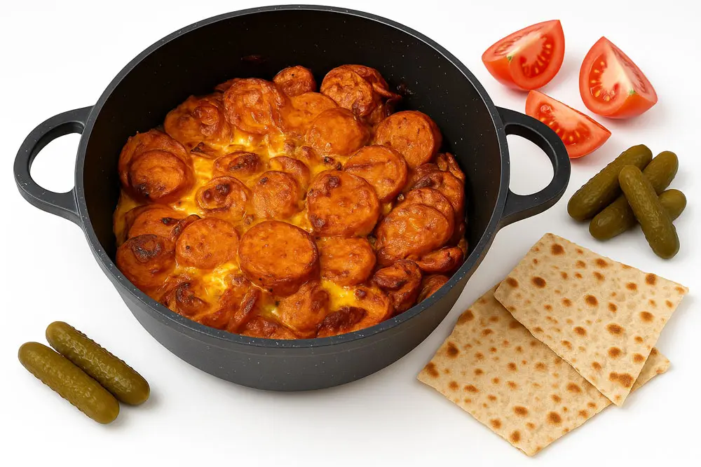 Prepared sosis tokhme morgh served in a black pan with tomato, pickles, and sangak bread