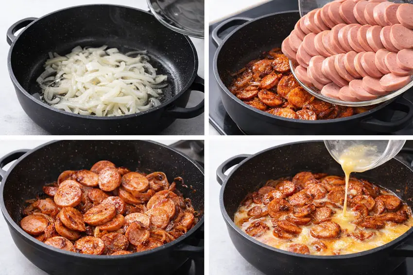 Step-by-step Sosis Tokhme Morgh recipe showing onion, sausage, tomato paste, and eggs cooked in a pan