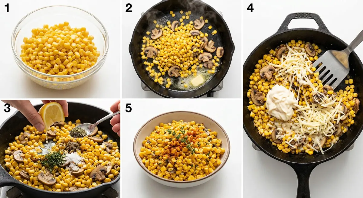 5-step cooking process layout for Mexican Corn on a white background, featuring panels showing prepared corn, sautéing mushrooms and corn in butter, seasoning with spices and lemon, mixing with mayonnaise and melting cheese, and the final served dish in a bowl.