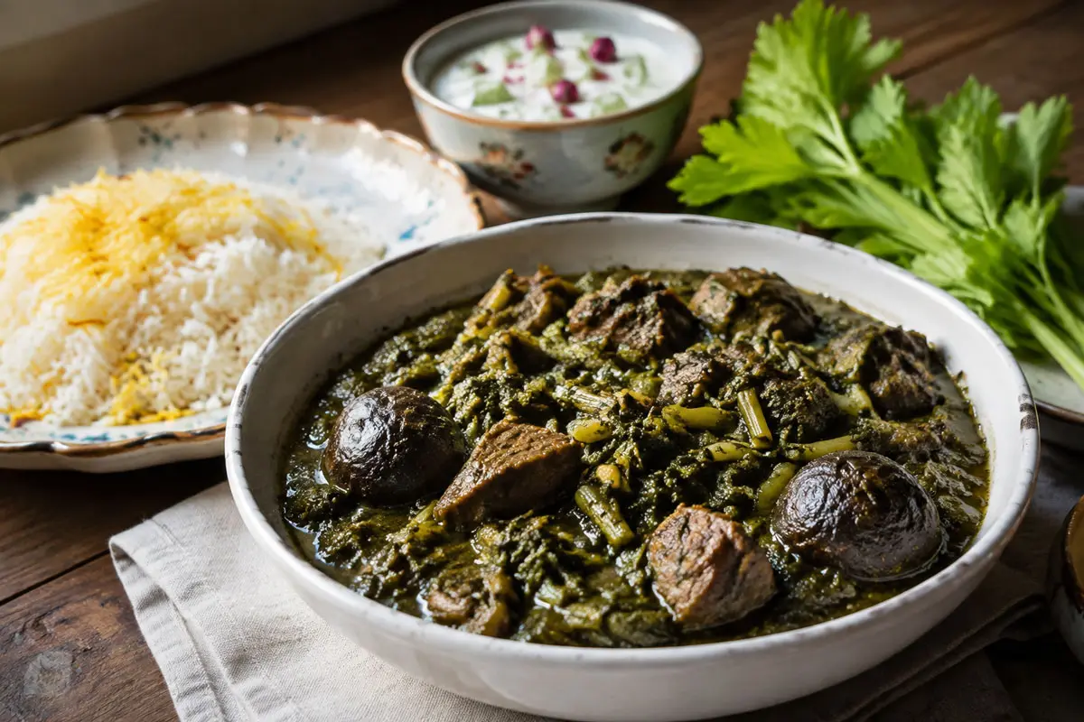 Authentic Persian Khoresh Karafs (Celery Stew) served with steamed rice and a side of Mast-o-Khiar.
