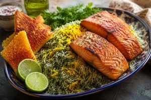 Sabzi Polo ba Mahi: Persian herb basmati rice served with golden pan-fried salmon and fresh lime